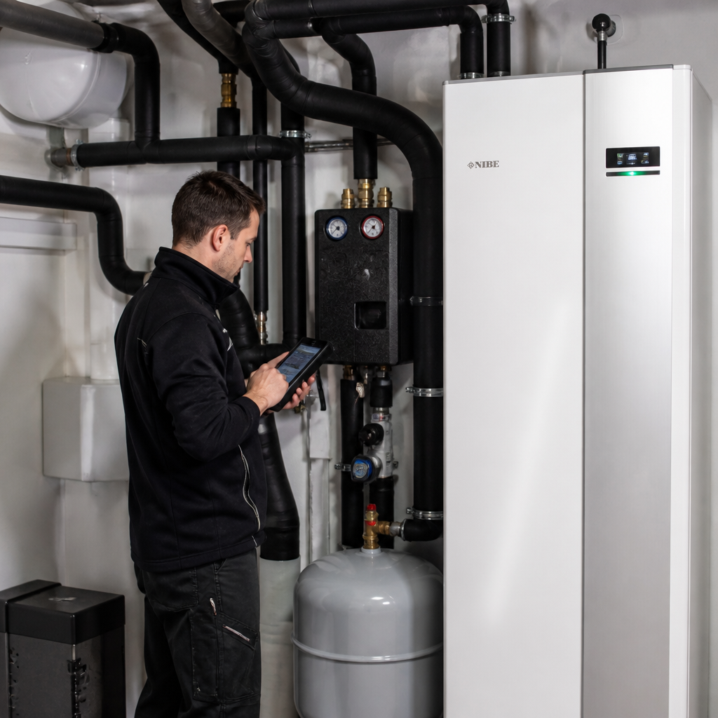 Techniker prüft Heizungsanlage mit Wärmepumpe im Einfamilienhaus