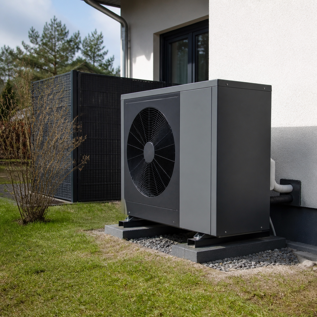 Außeneinheit einer Wärmepumpe vor einem Wohnhaus mit ausreichend Abstand und Schallschutz
