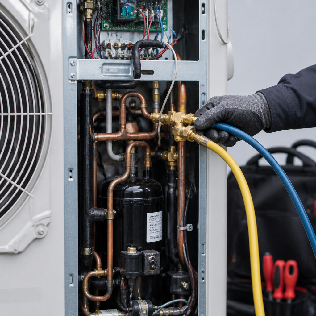 Außeneinheit einer Wärmepumpe mit geöffneter Serviceabdeckung während der Wartung