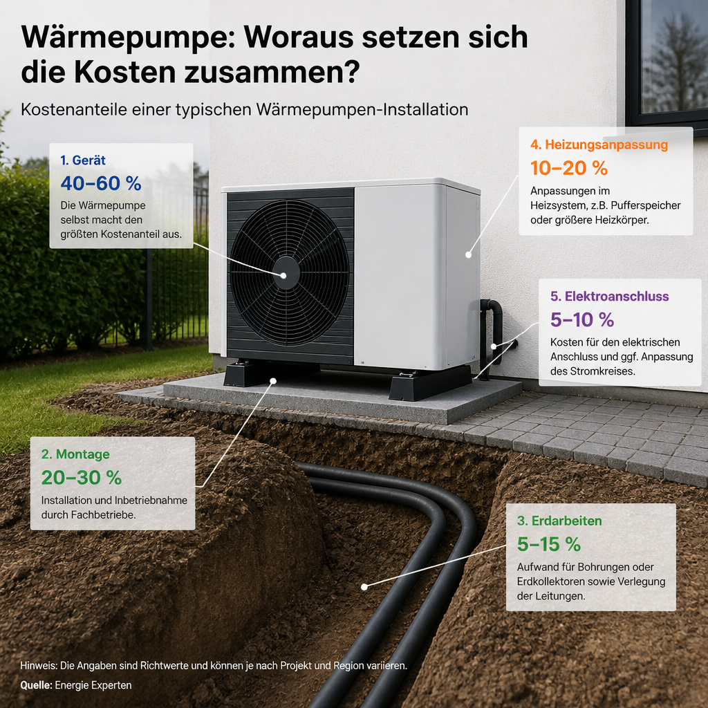 Schematische Darstellung der Kostenfaktoren bei einer Wärmepumpeninstallation