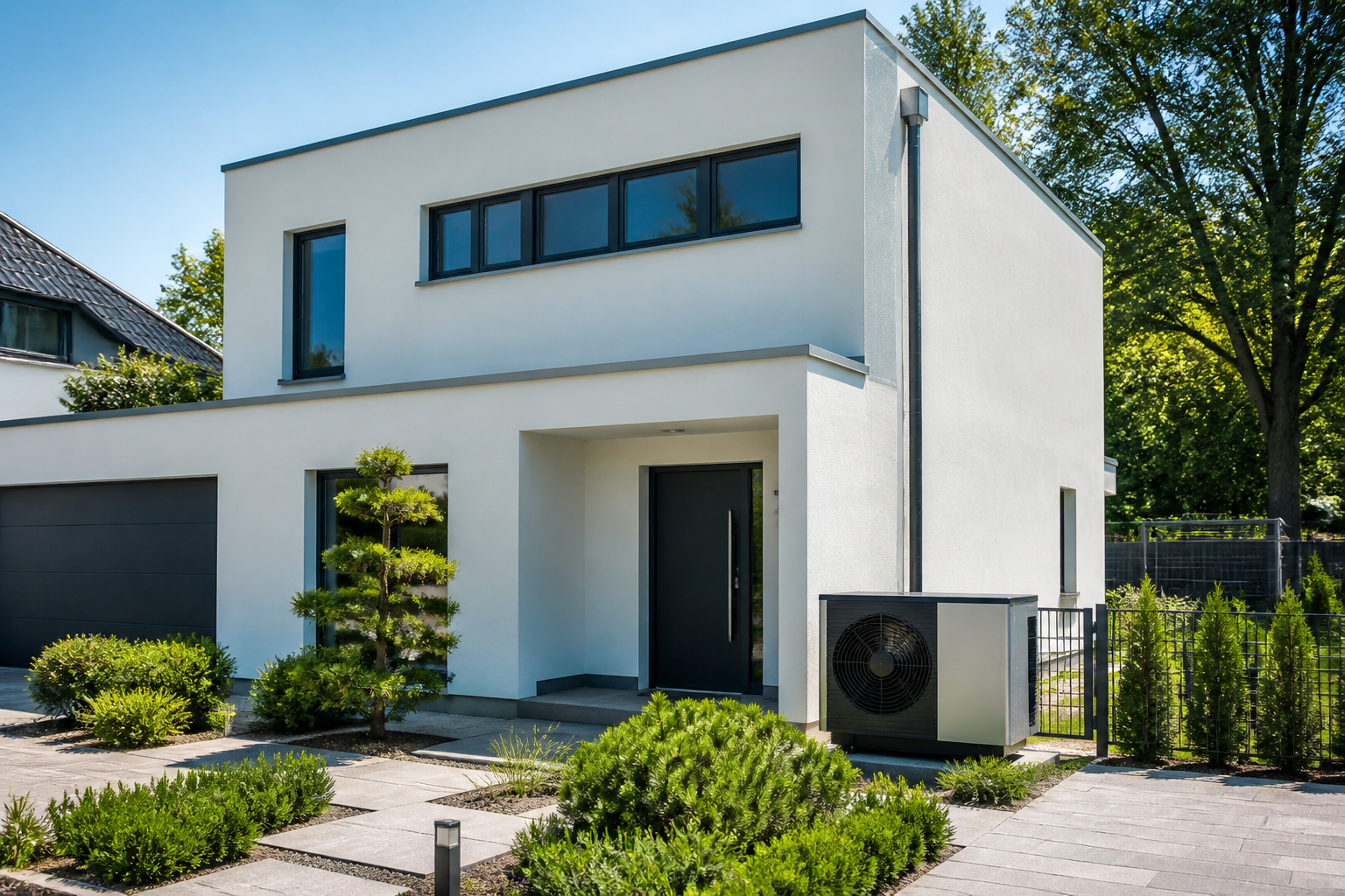 Einfamilienhaus in Berlin-Brandenburg mit installierter Wärmepumpe im Vorgarten