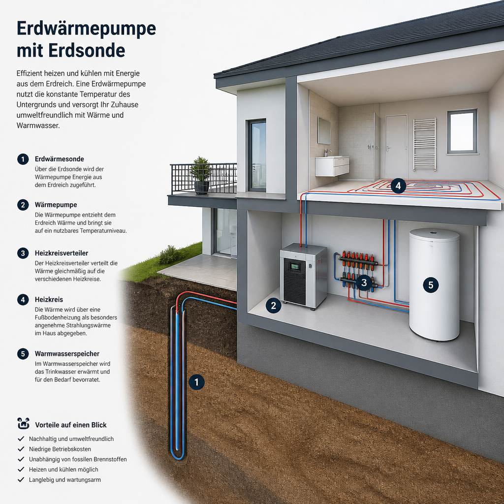 Schema einer Erdwärmepumpe mit Erdsonde und Heizsystem im Haus