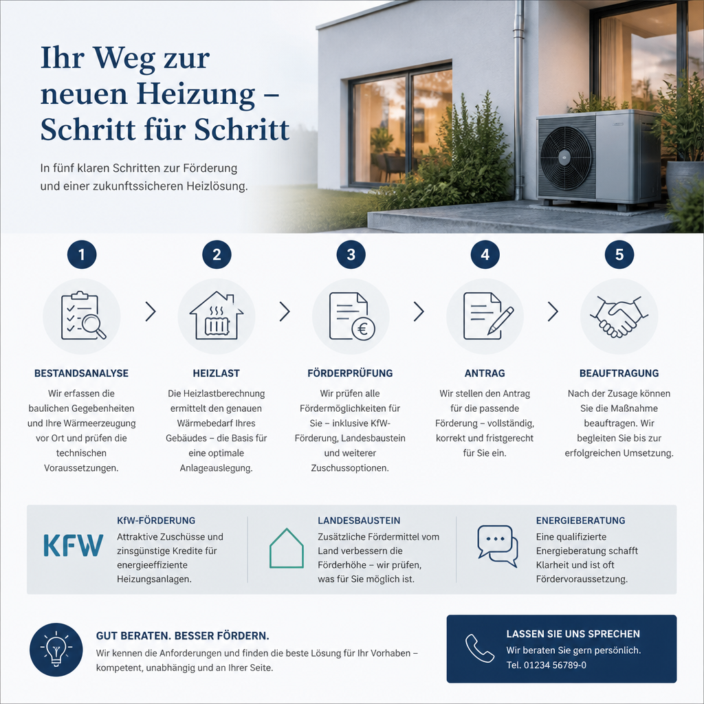 Infografik zur Reihenfolge von Beratung, Antrag und Beauftragung bei der Wärmepumpenförderung in Berlin