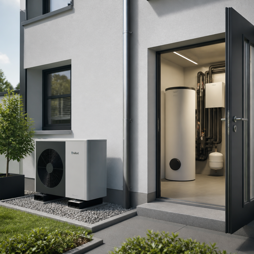 Installation einer Wärmepumpe am Einfamilienhaus mit Außeneinheit und sauber geführter Leitungsführung