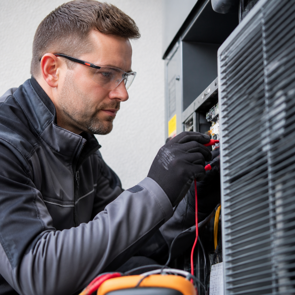 Fachbetrieb überprüft Steuerung und Außeneinheit einer Wärmepumpe