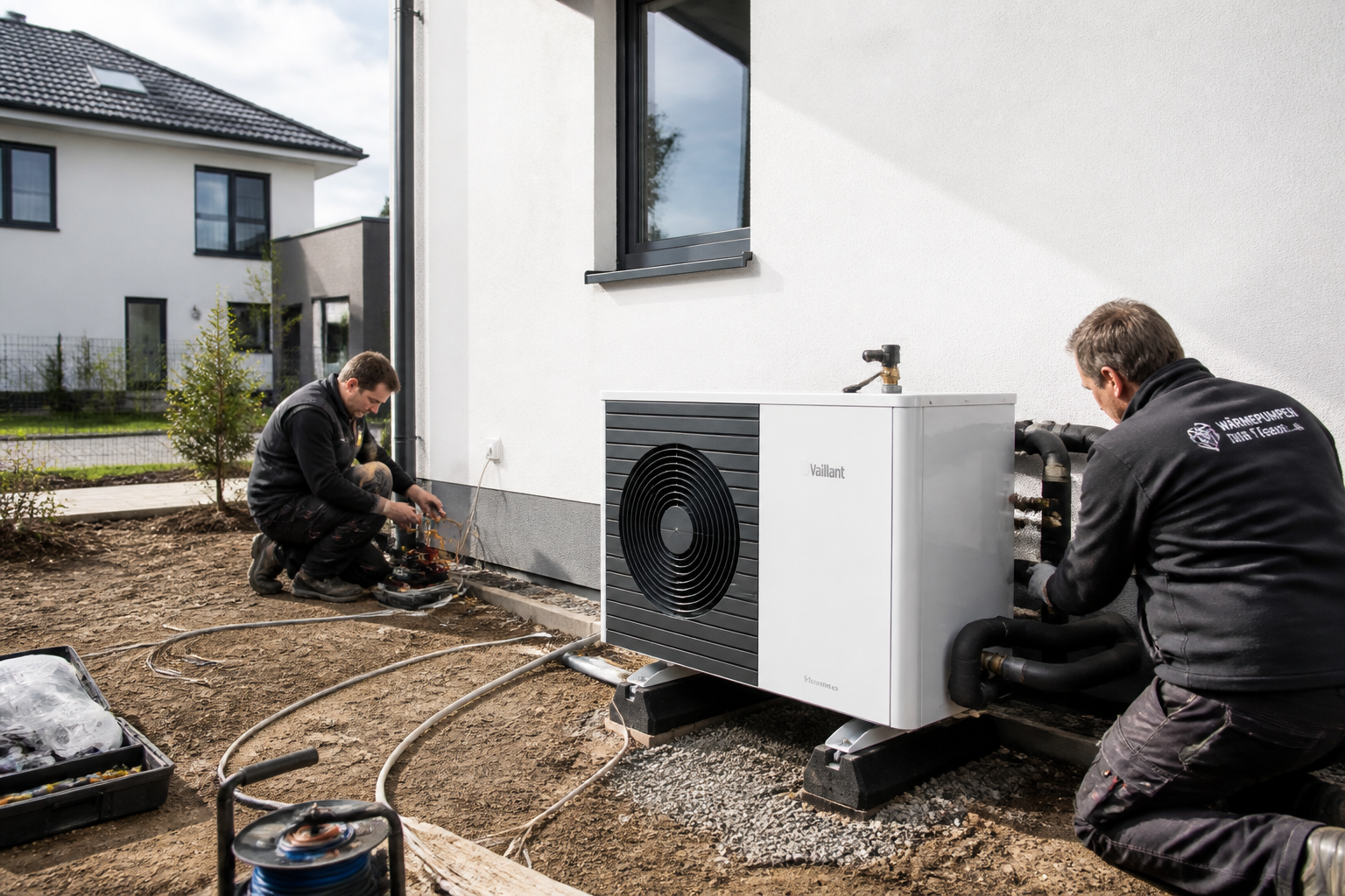 Techniker installiert eine Wärmepumpe an einem Einfamilienhaus in Brandenburg