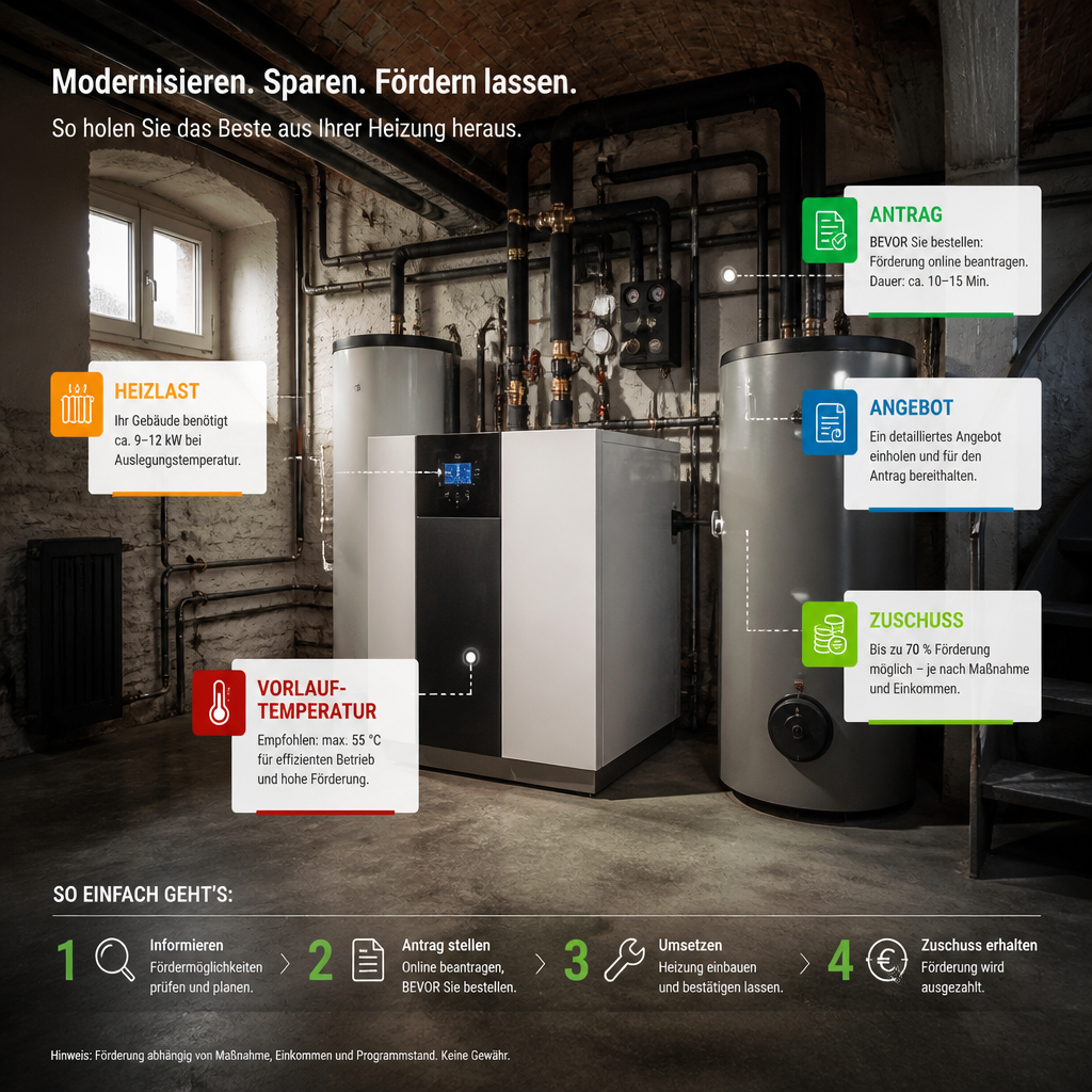Schema einer Förderprüfung für Wärmepumpen im Altbau mit Kosten- und Antragsstationen