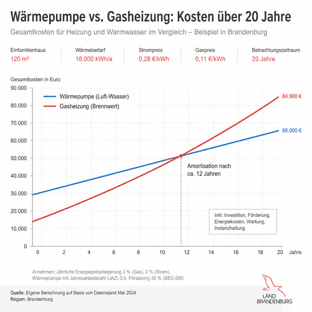 Kostenkurve für Wärmepumpe und Gasheizung über 20 Jahre in Brandenburg