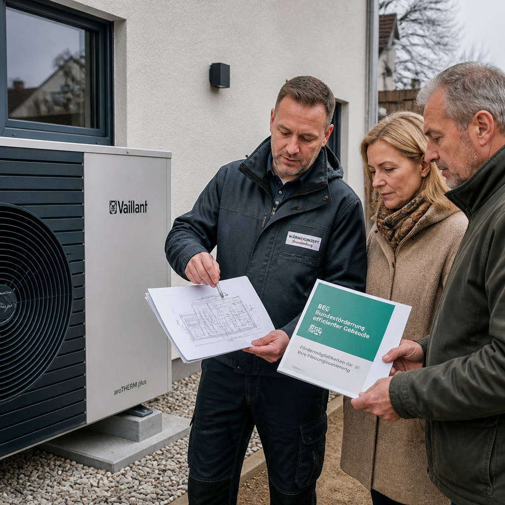 Techniker erklärt Eigentümern die Wärmepumpen-Installation und Förderunterlagen