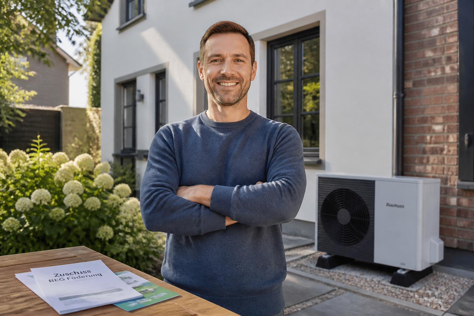 Haus in Berlin mit moderner Wärmepumpe und Förderunterlagen auf einem Tisch