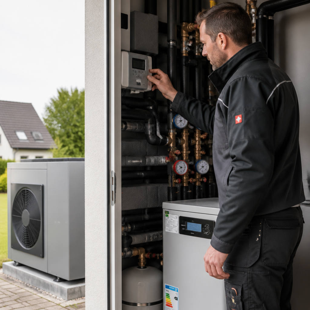 Fachbetrieb prüft Heizungsanlage und Wärmepumpe bei einem Bestandsgebäude