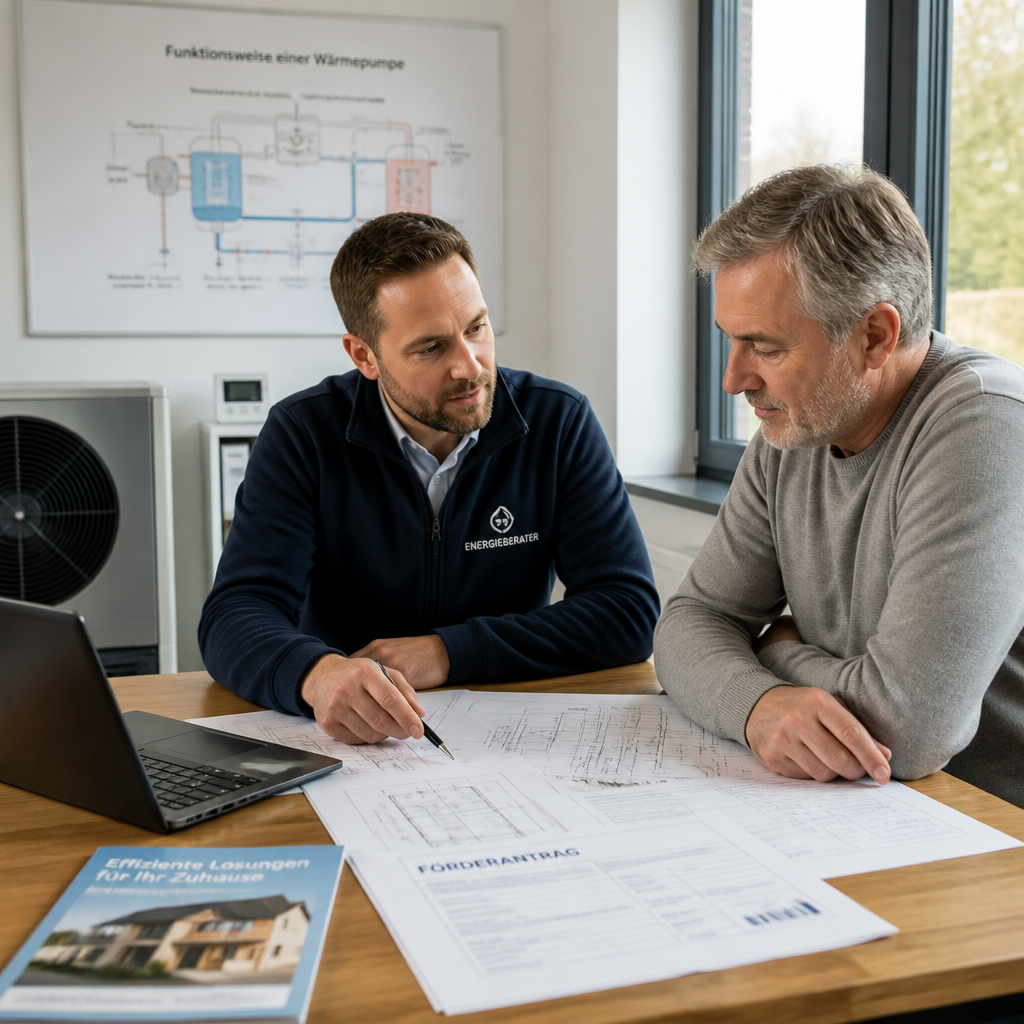 Energieberater erklärt Förderantrag und Wärmepumpenplanung am Tisch
