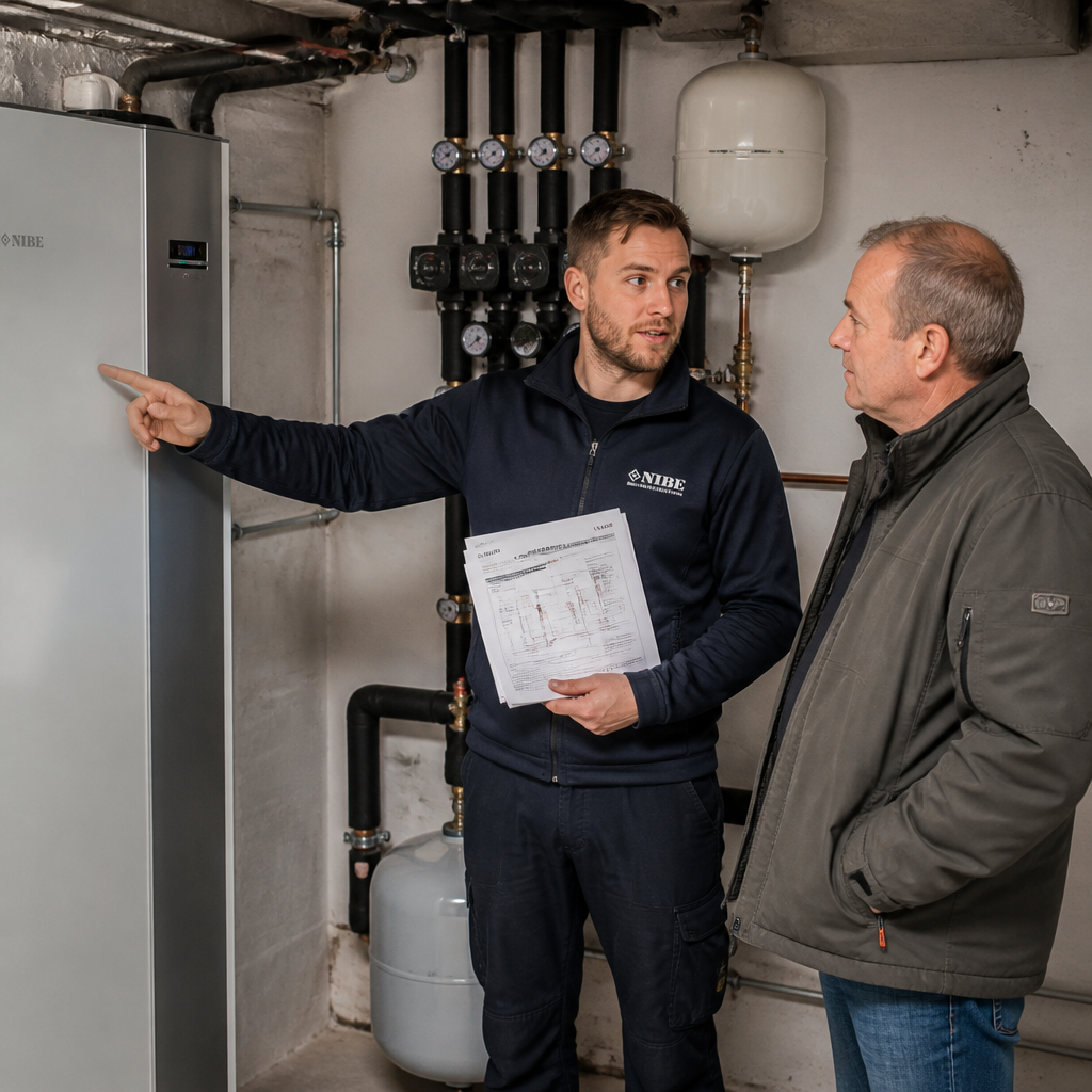 Fachhandwerker erklärt einem Eigentümer die Wärmepumpen-Unterlagen und Heiztechnik im Keller