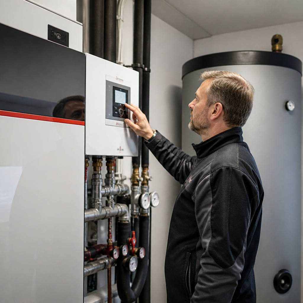 Techniker misst Heizungsanlage und Wärmepumpe im Technikraum