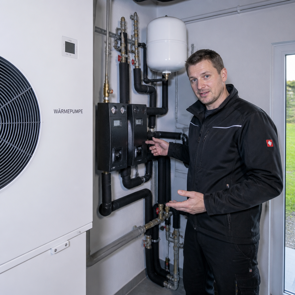 Fachhandwerker erklärt Wärmepumpenanlage im Heizungskeller
