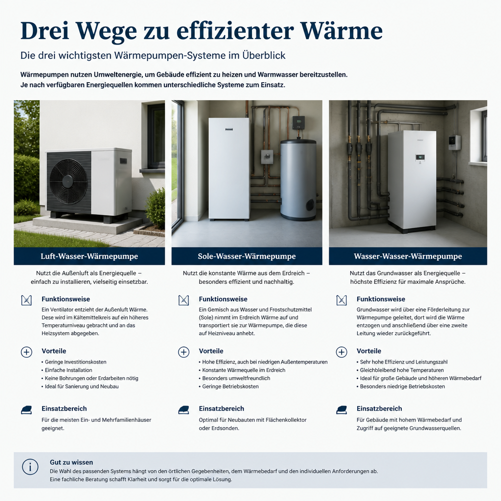 Vergleich von Luft-, Sole- und Wasser-Wärmepumpe als Infografik