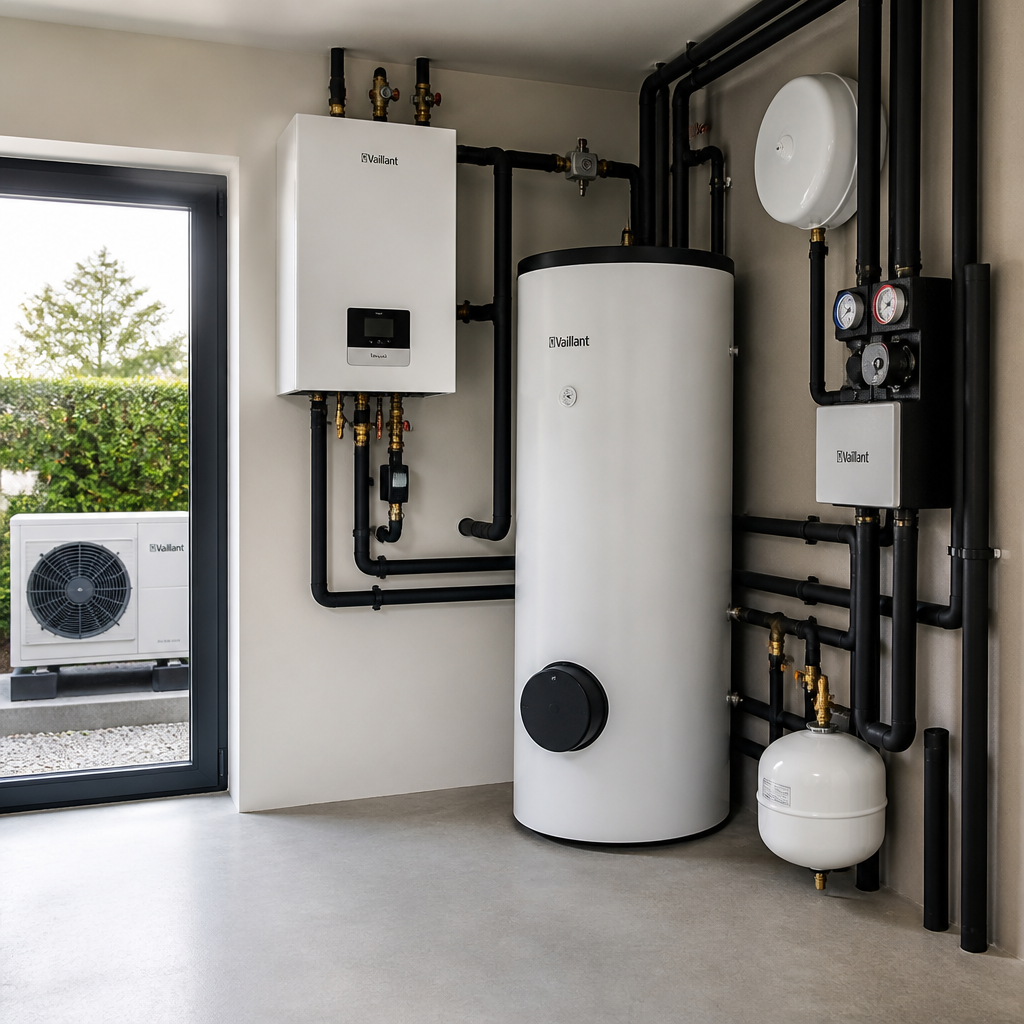 Installierte Wärmepumpe mit Außeneinheit, Speicher und sauberer Rohrführung im Technikraum