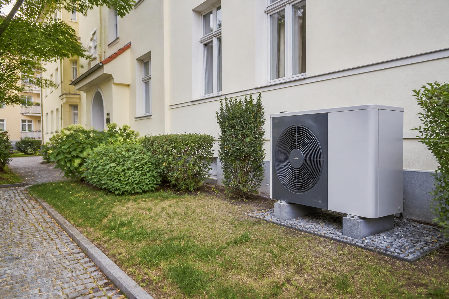 Moderne Luft-Wasser-Wärmepumpe vor einem sanierten Bestandsgebäude in Potsdam