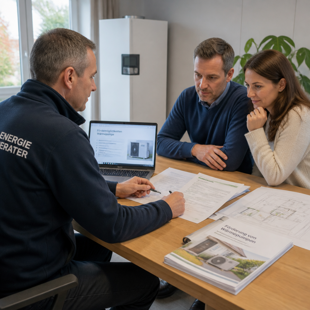 Energieberater erklärt Förderantrag für Wärmepumpe am Esstisch