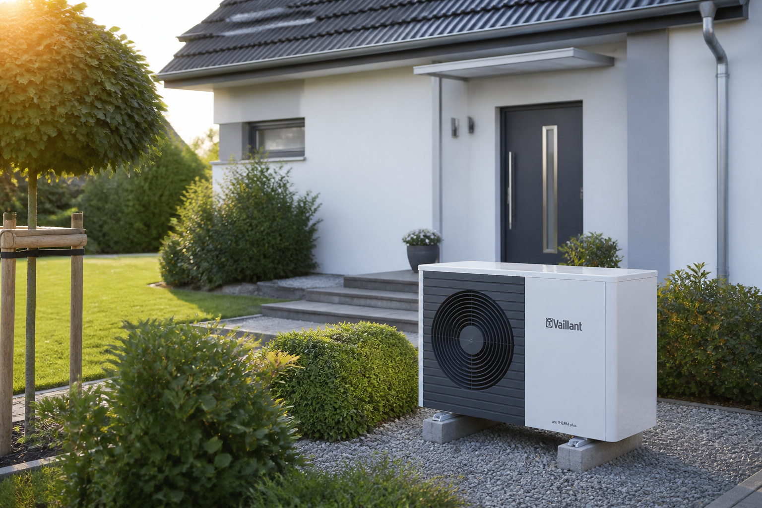 Modernes Brandenburger Einfamilienhaus mit installierter Wärmepumpe im Garten