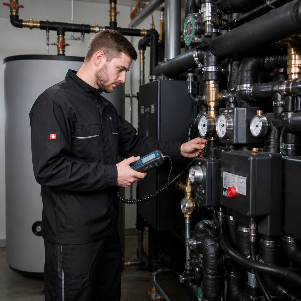 Monteur prüft die Hydraulik und den Anschluss einer Wärmepumpe im Heizraum