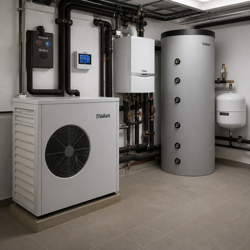 Schematische Darstellung einer Hybridheizung aus Wärmepumpe und Gas oder Öl im Brandenburger Bestand