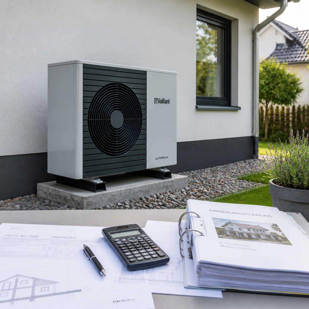 Außeneinheit einer Wärmepumpe neben einem sanierten Wohnhaus mit Förderunterlagen im Vordergrund