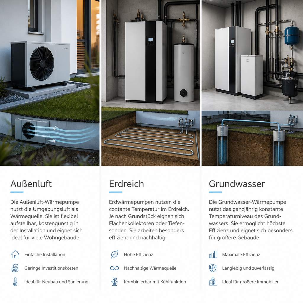 Schematischer Vergleich der Wärmequellen Luft, Erdreich und Grundwasser