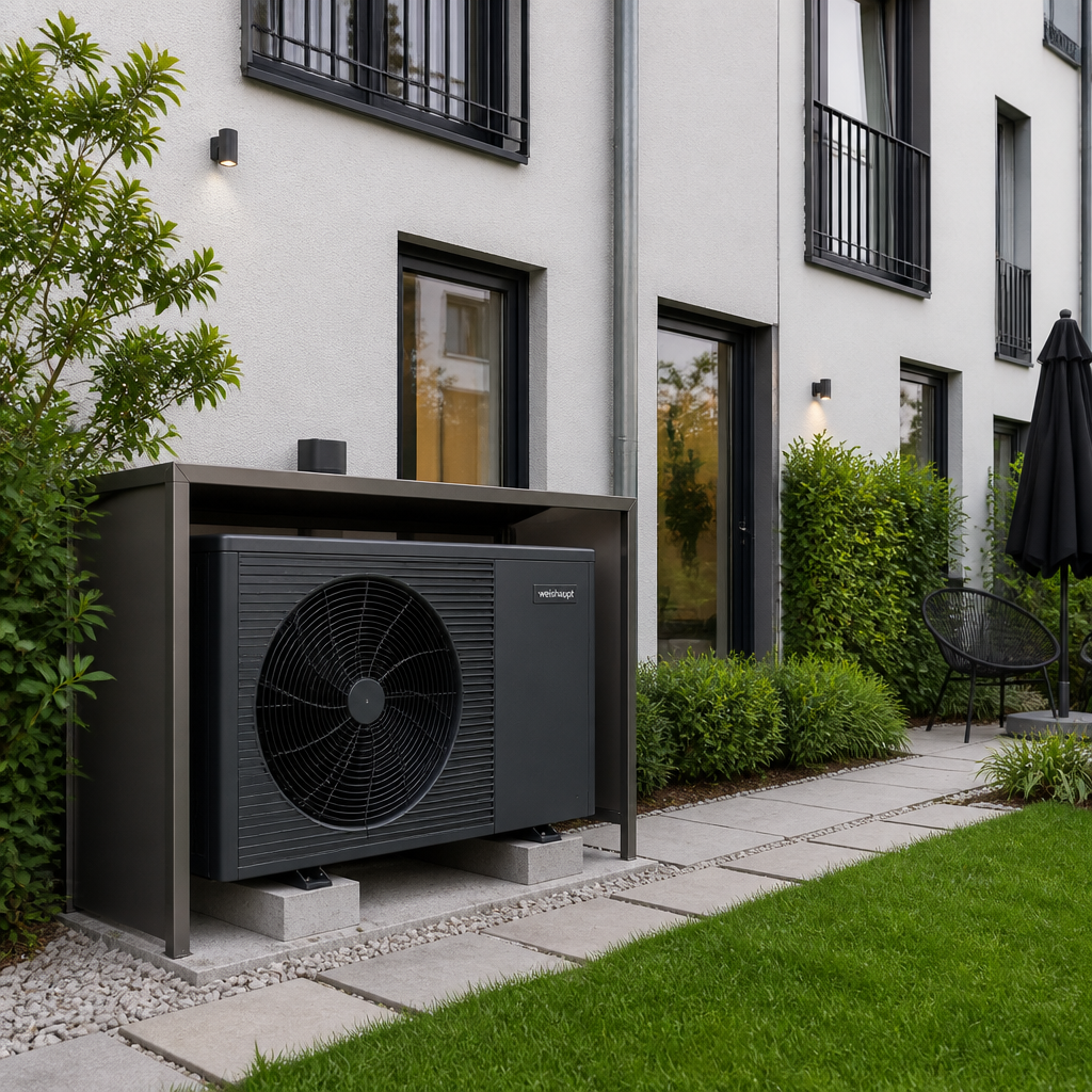 Außeneinheit einer Wärmepumpe in einem urbanen Berliner Wohnumfeld mit Schallschutz und sauberer Installation.