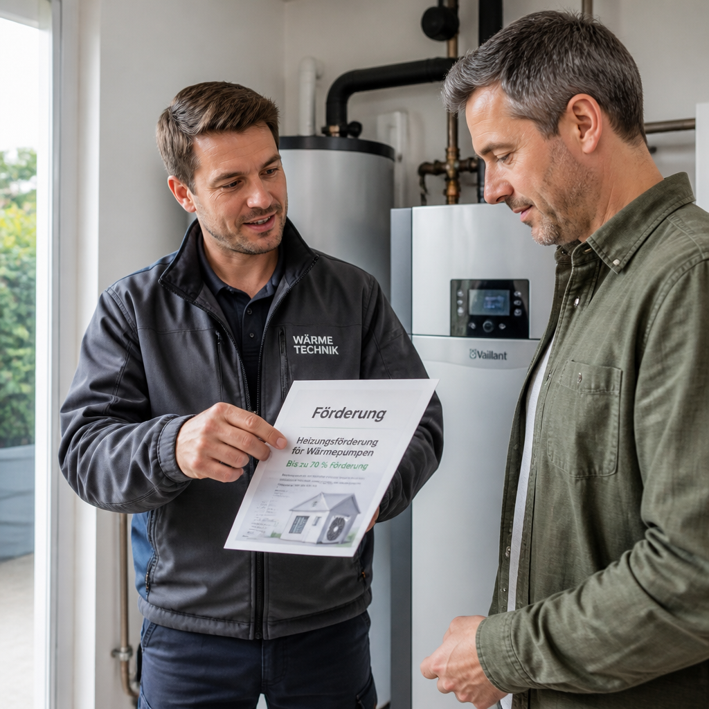 Fachhandwerker erklärt die Wärmepumpe und Förderunterlagen im Technikraum