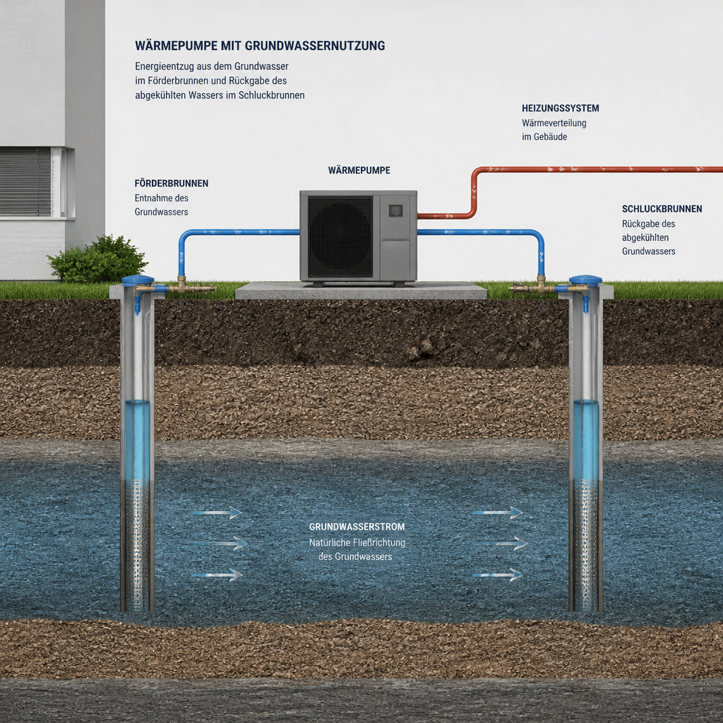 Schema einer Wasser-Wasser-Wärmepumpe mit Förderbrunnen und Schluckbrunnen