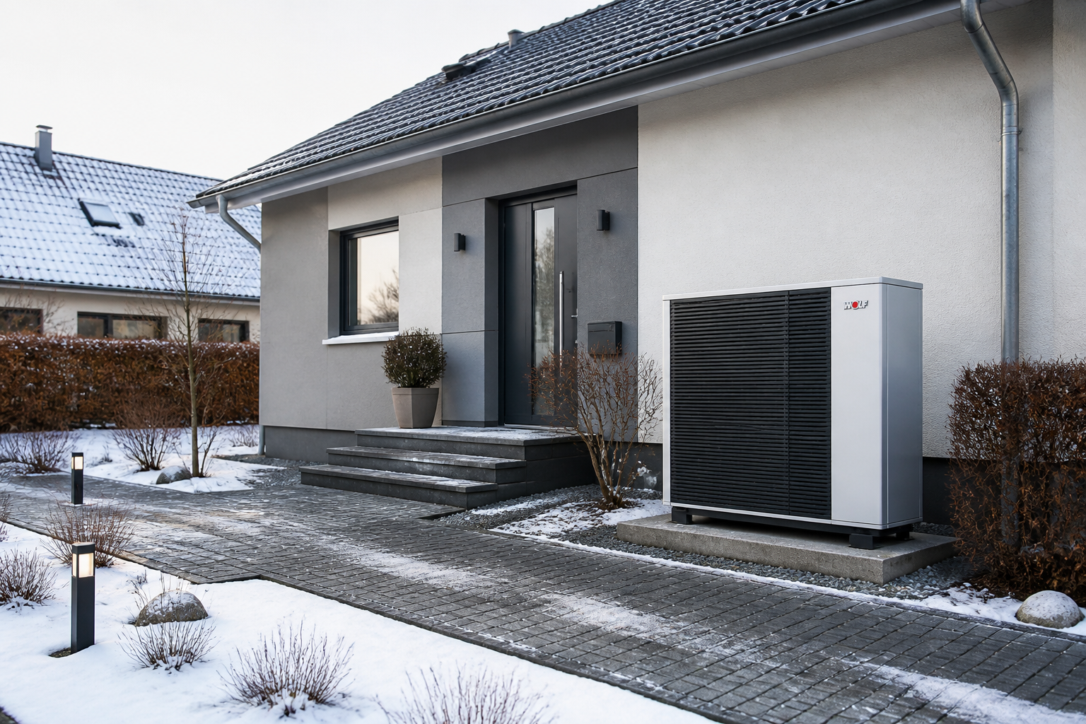 Moderne Wärmepumpe vor einem Einfamilienhaus in Brandenburg