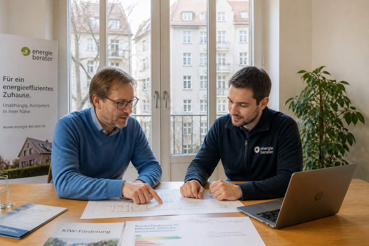Hausbesitzer und Energieberater prüfen Förderunterlagen für eine Wärmepumpe in Berlin