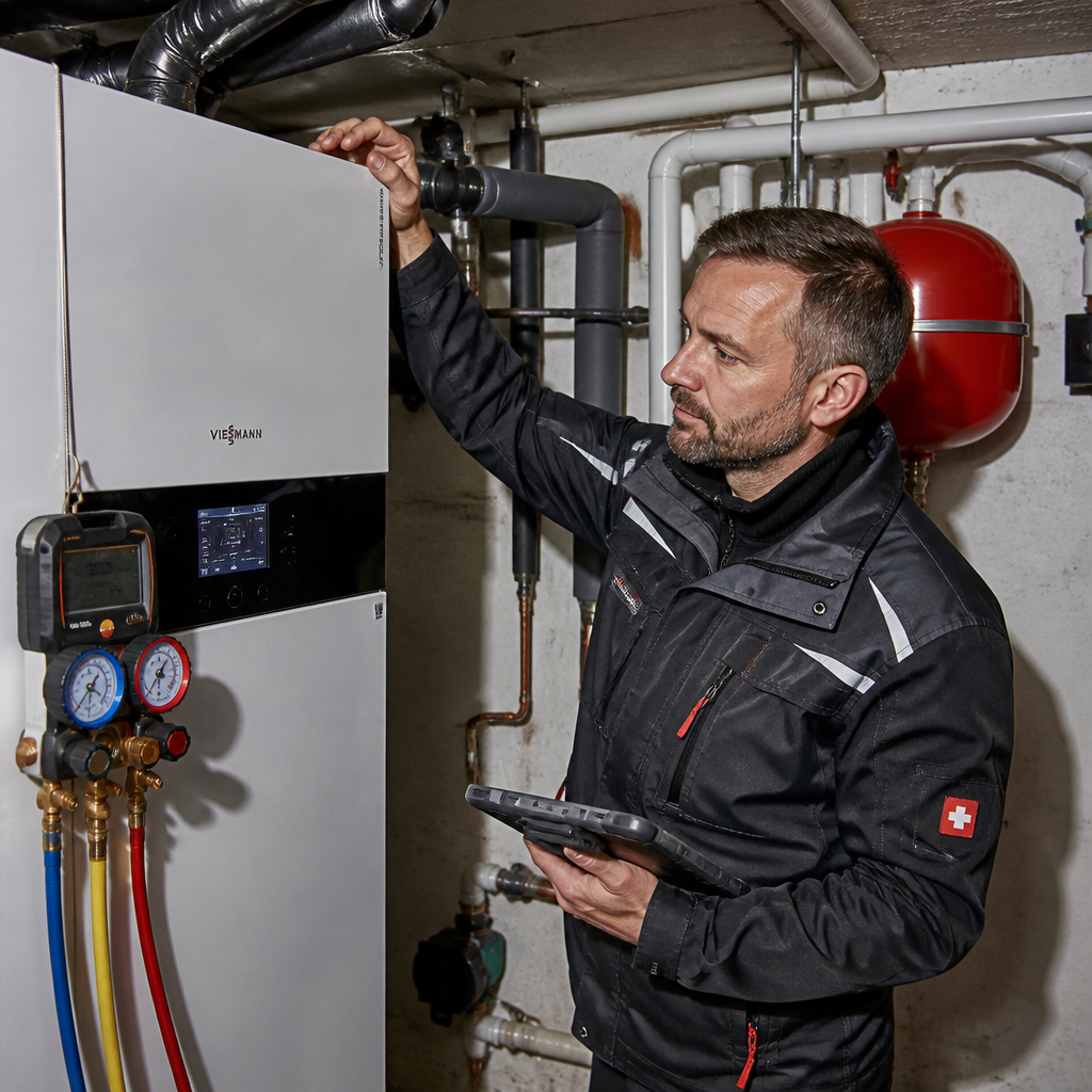 Techniker prüft Heizungsanlage und Wärmepumpe im Bestandsgebäude