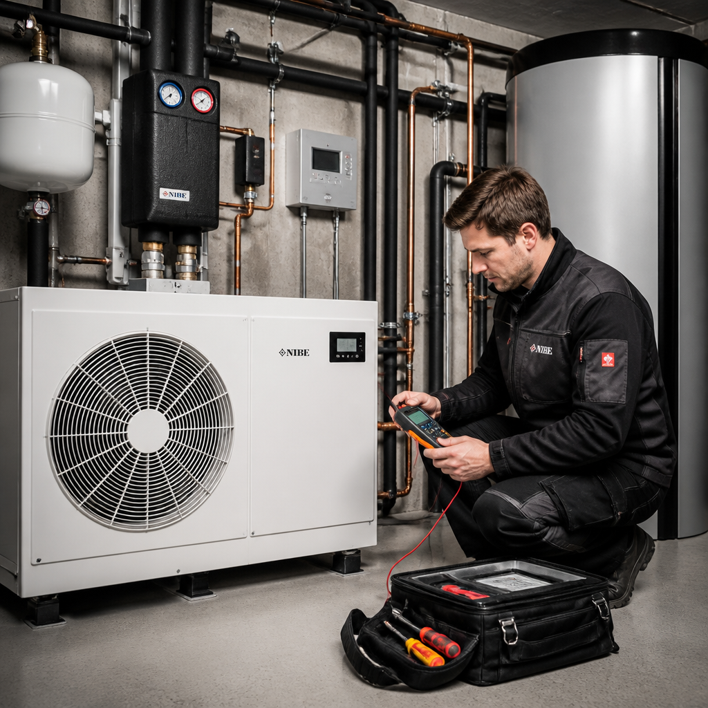 Techniker prüft die Installation einer Wärmepumpe im Heizraum
