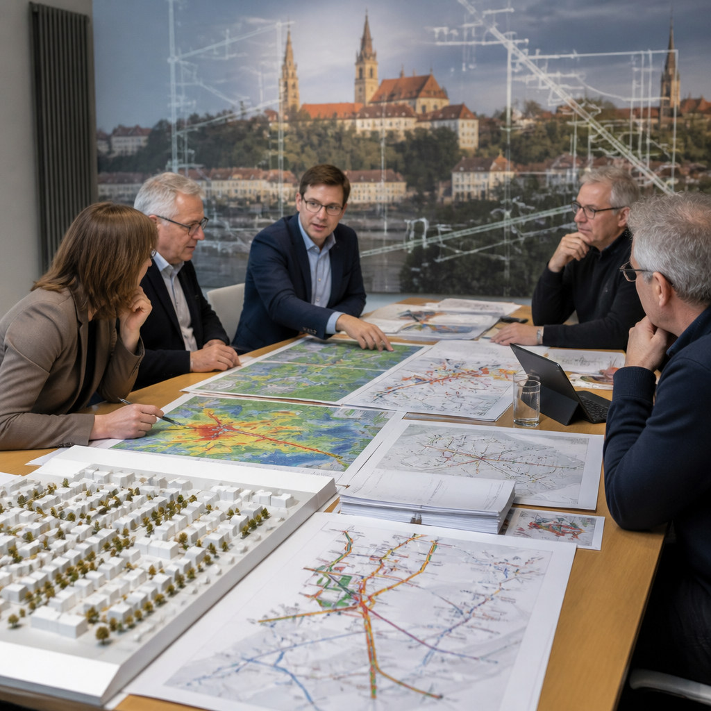 Schematischer Vergleich von Nahwärmenetz und dezentraler Wärmepumpe in einem Brandenburger Quartier