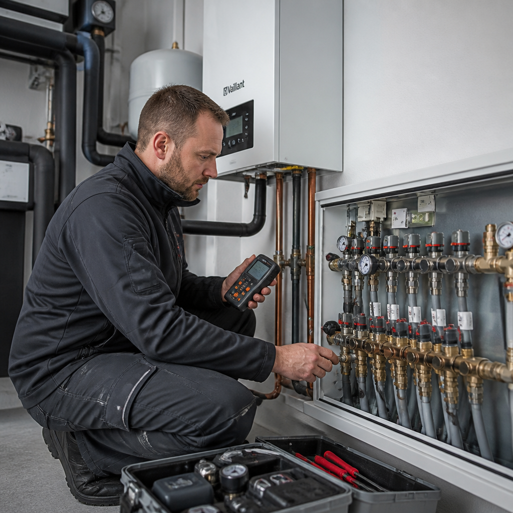 Techniker prüft Heizungsanlage und hydraulischen Abgleich bei Wärmepumpeninstallation