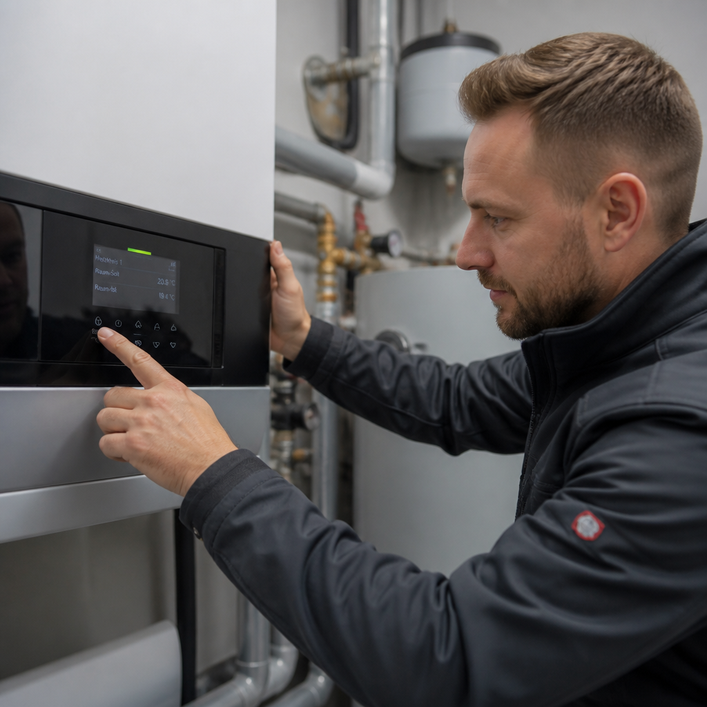 Techniker prüft Heizungsanlage und Elektroanschluss einer Wärmepumpe