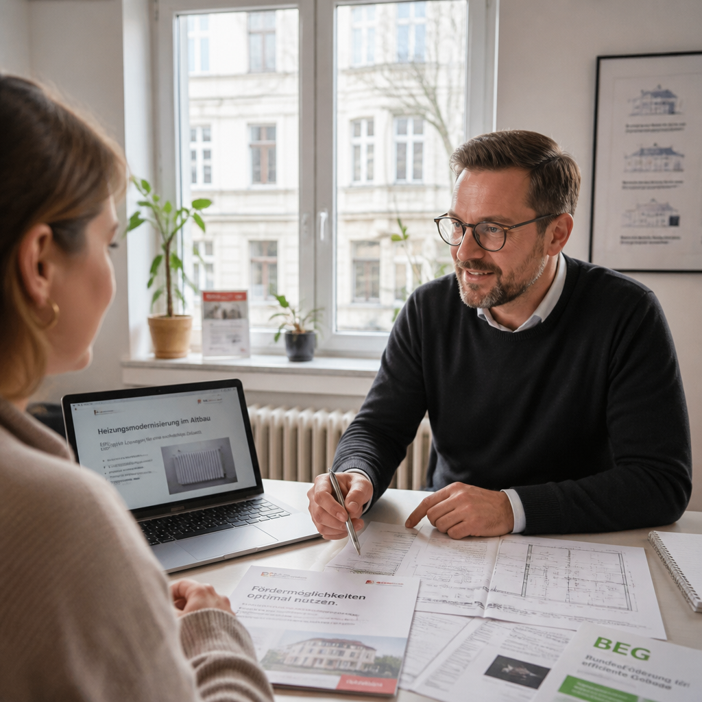 Fachperson prüft Förderunterlagen und Heizungsplanung