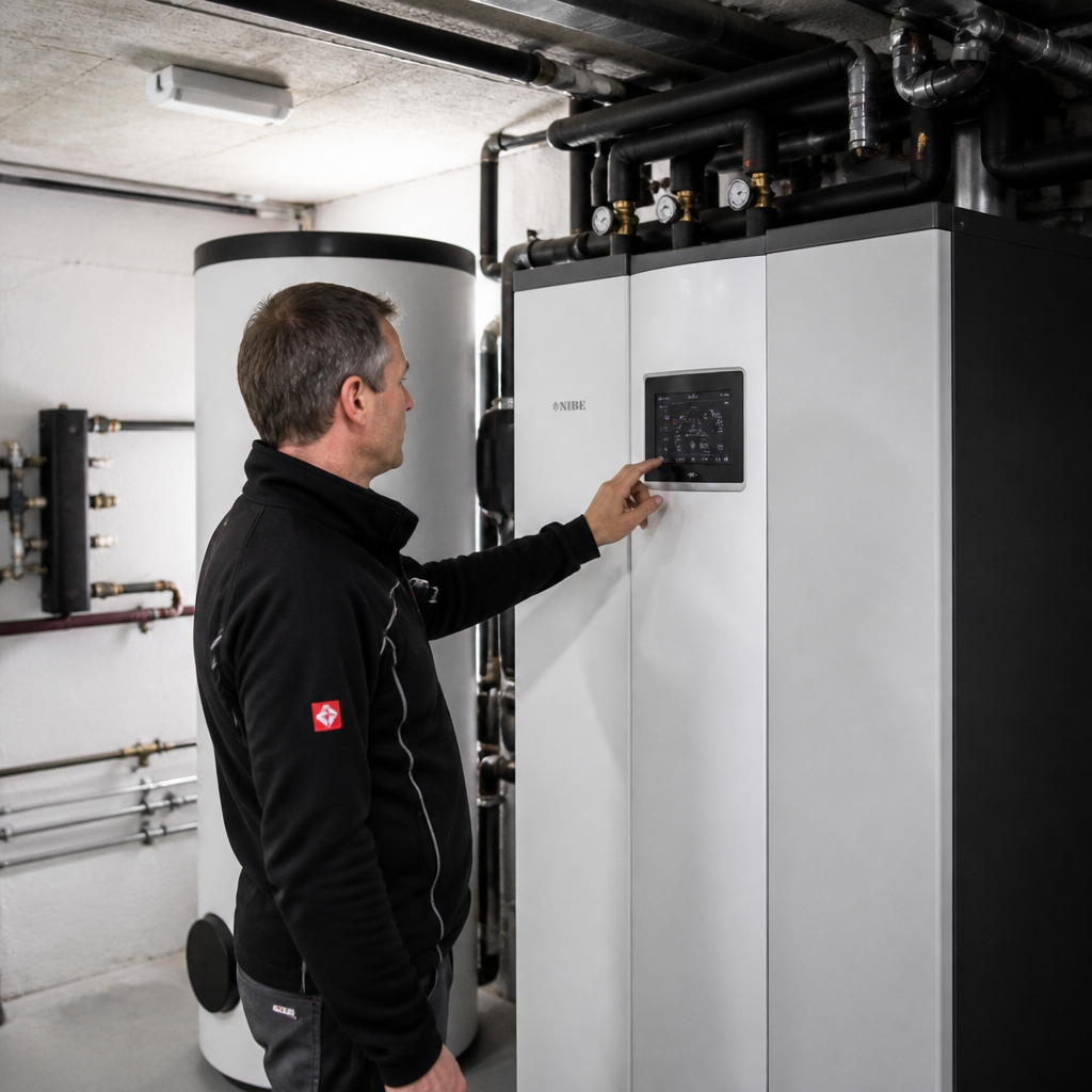 Techniker prüft die Einstellungen einer Wärmepumpe im Keller eines Einfamilienhauses