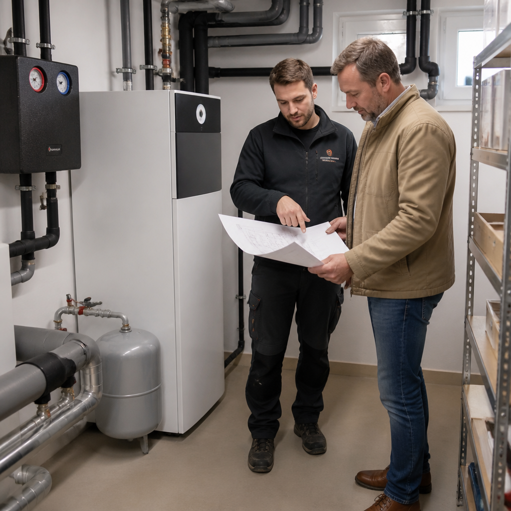 Fachbetrieb prüft Heizungsanlage und Wärmepumpenplanung im Bestand