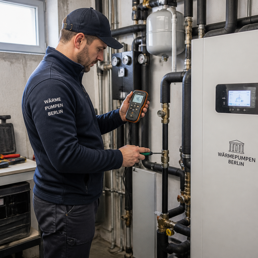 Fachmann misst Vorlauftemperatur und prüft Heizkreis an einer Wärmepumpe