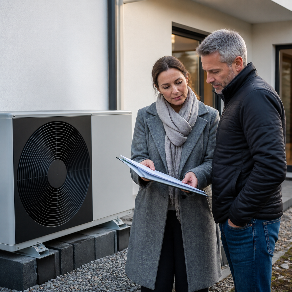 Wärmepumpe an einem Einfamilienhaus mit Energieberaterin und Eigentümer im Gespräch