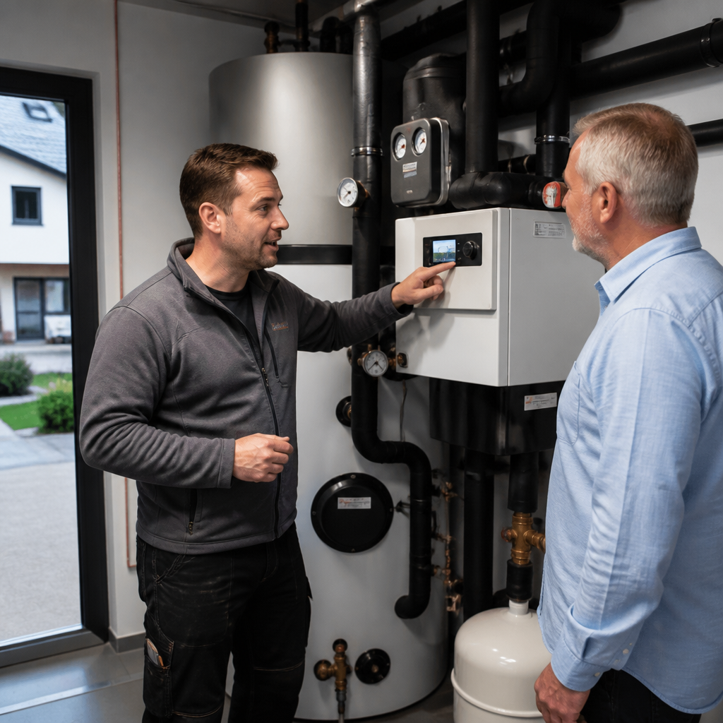Fachhandwerker überprüft eine Wärmepumpenanlage im Einfamilienhaus