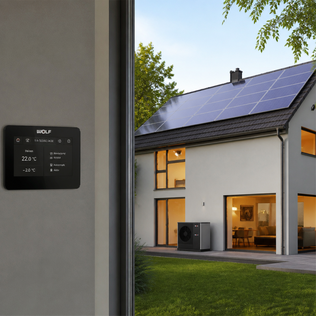 Solarstrom und Wärmepumpe in einem Einfamilienhaus als schematische Alltagsszene