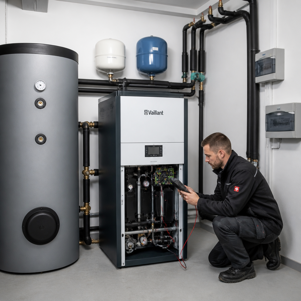 Fachbetrieb prüft Wärmepumpenanlage im Technikraum