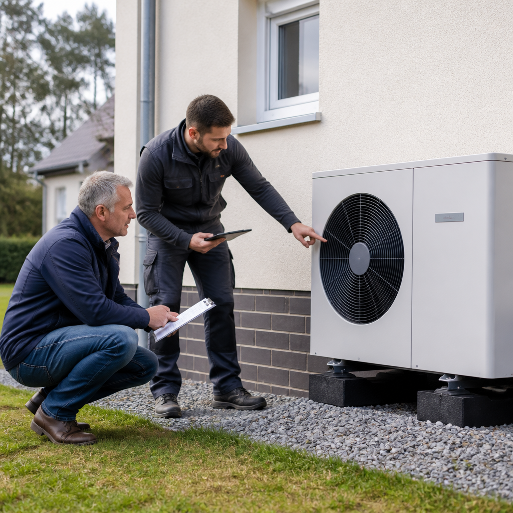 Fachbetrieb prüft Heizlast und Aufstellort für eine Wärmepumpe am Bestandsgebäude