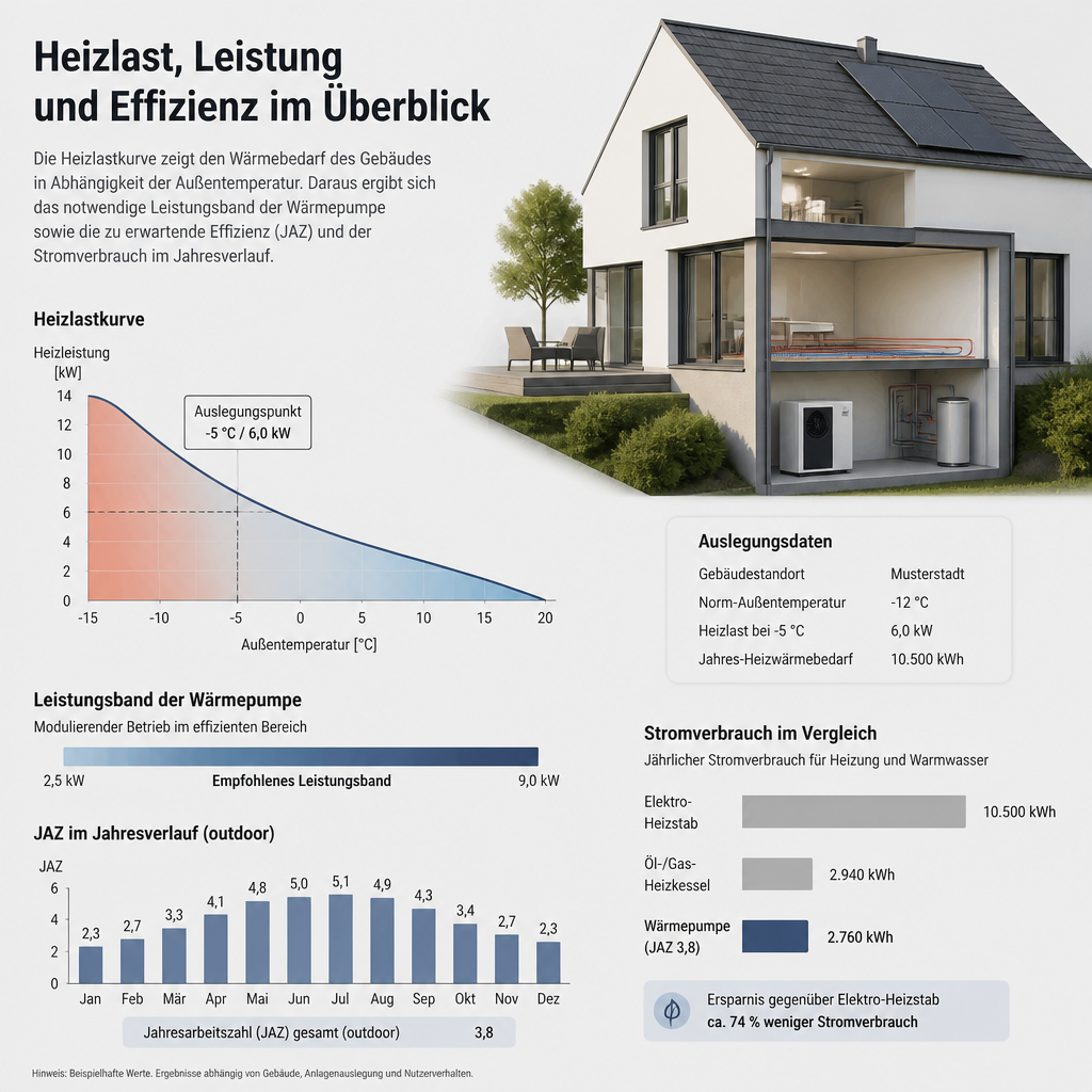 Diagramm zur Dimensionierung einer Wärmepumpe mit Heizlast, Leistung und JAZ