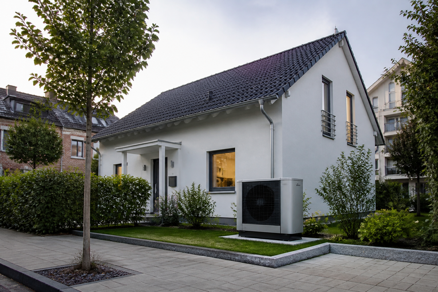 Einfamilienhaus in Berlin-Brandenburg mit moderner Wärmepumpe im Vorgarten bei Tageslicht