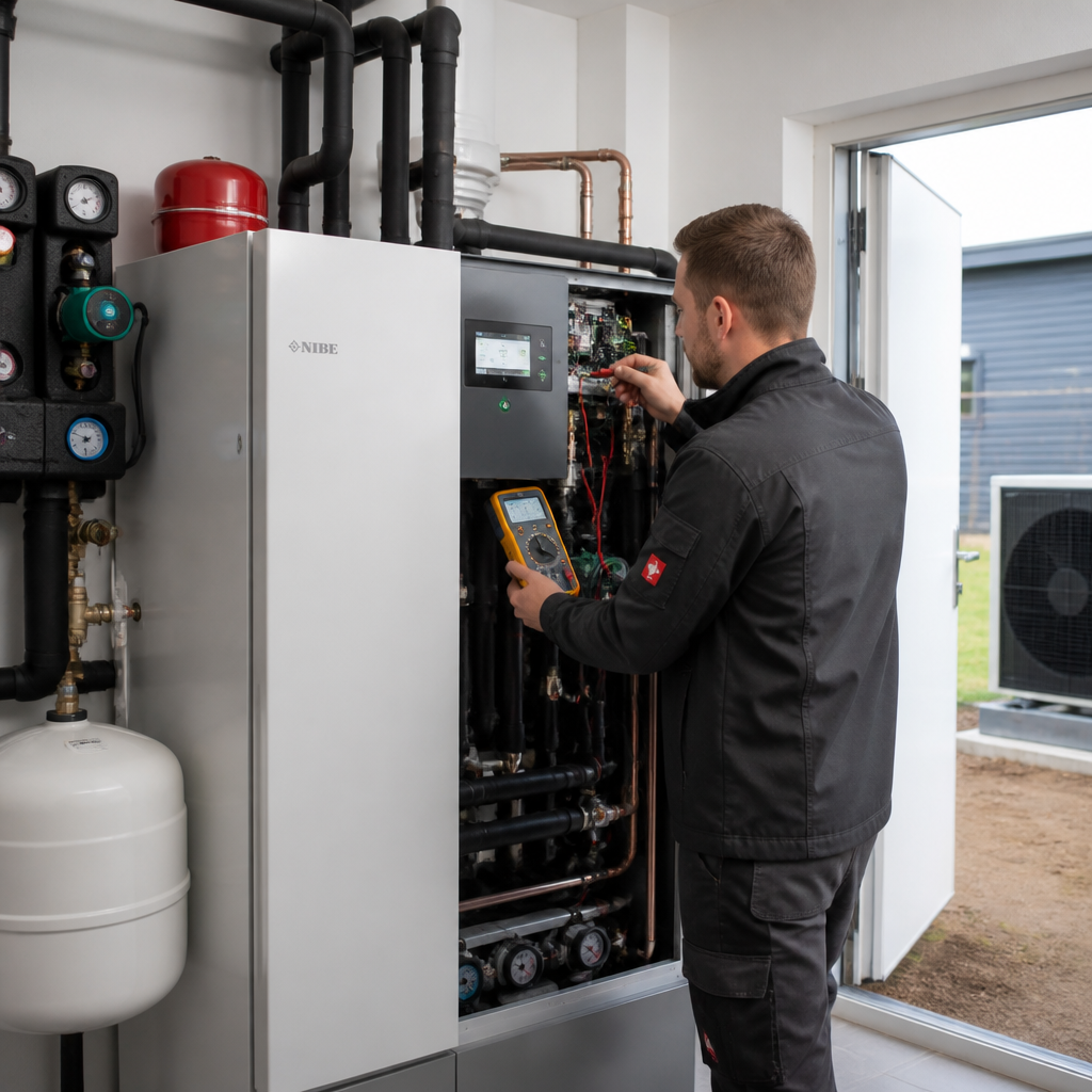 Techniker kontrolliert Innen- und Außeneinheit einer Wärmepumpe